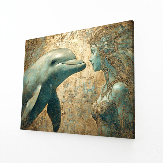 Golden Fairy Dolphin Art – angled canvas view on white background