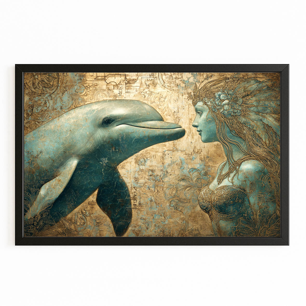 Golden Fairy Dolphin Art – with Premium Black wood frame on white background
