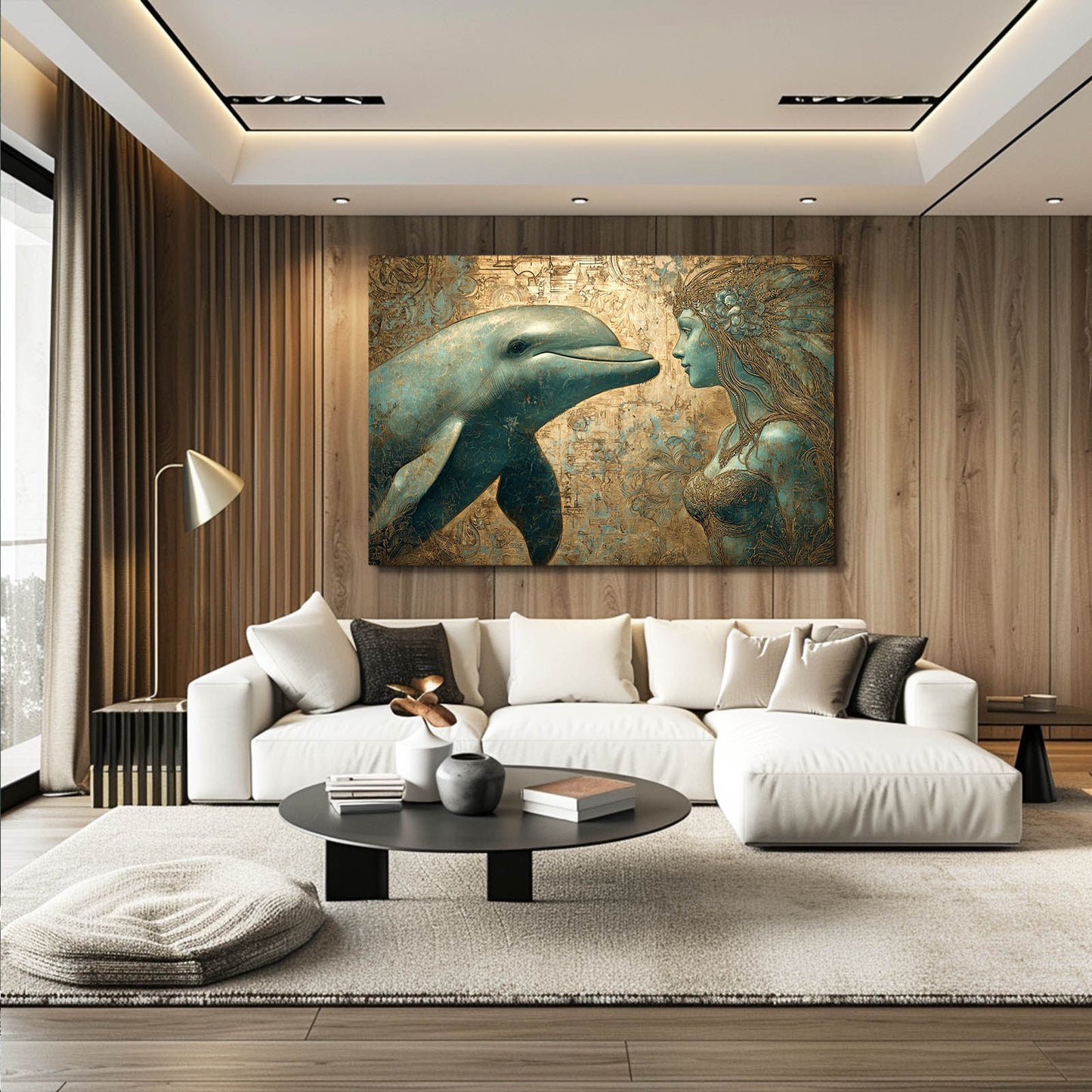 Golden Fairy Dolphin Art – styled in a furnished interior