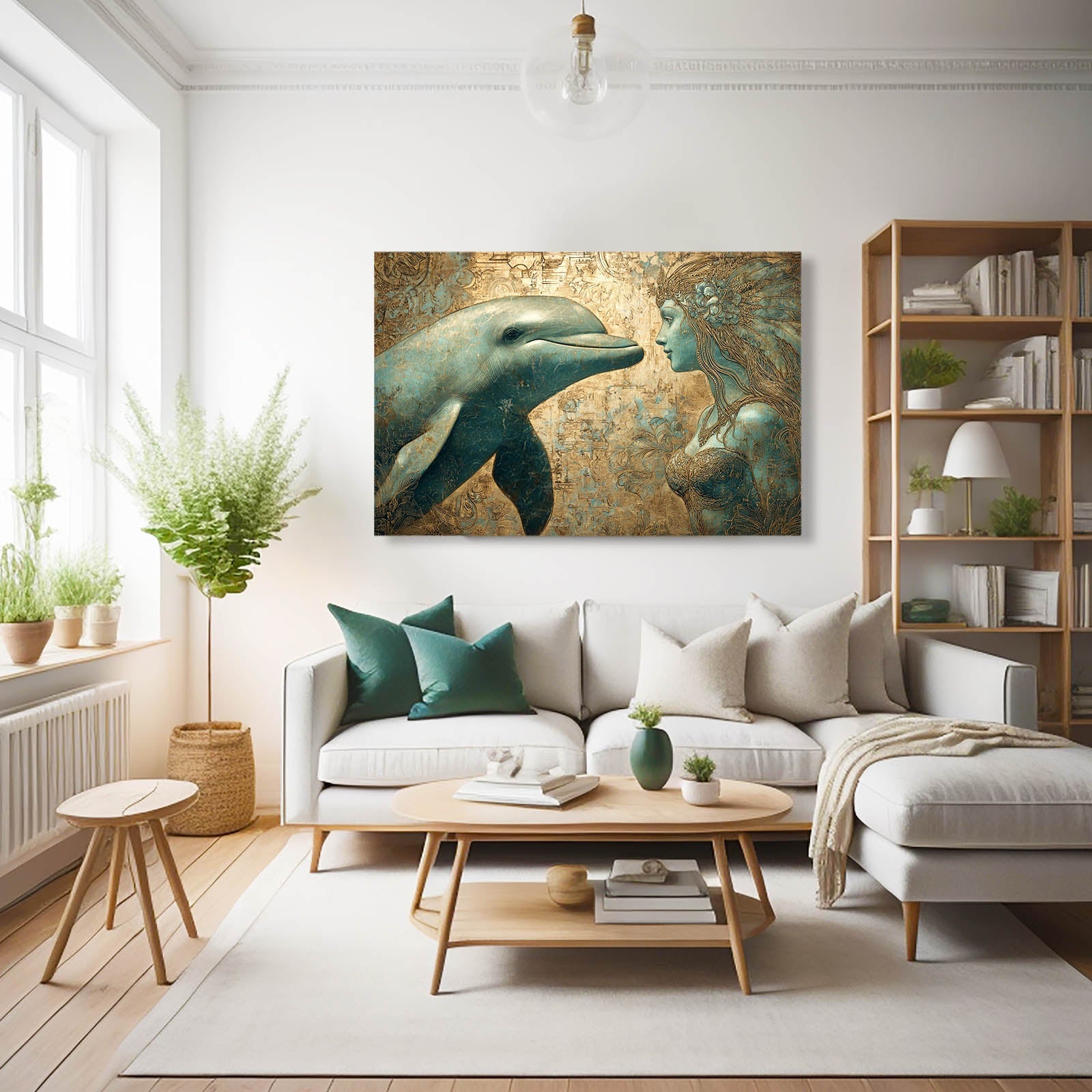 Golden Fairy Dolphin Art – styled in a furnished interior