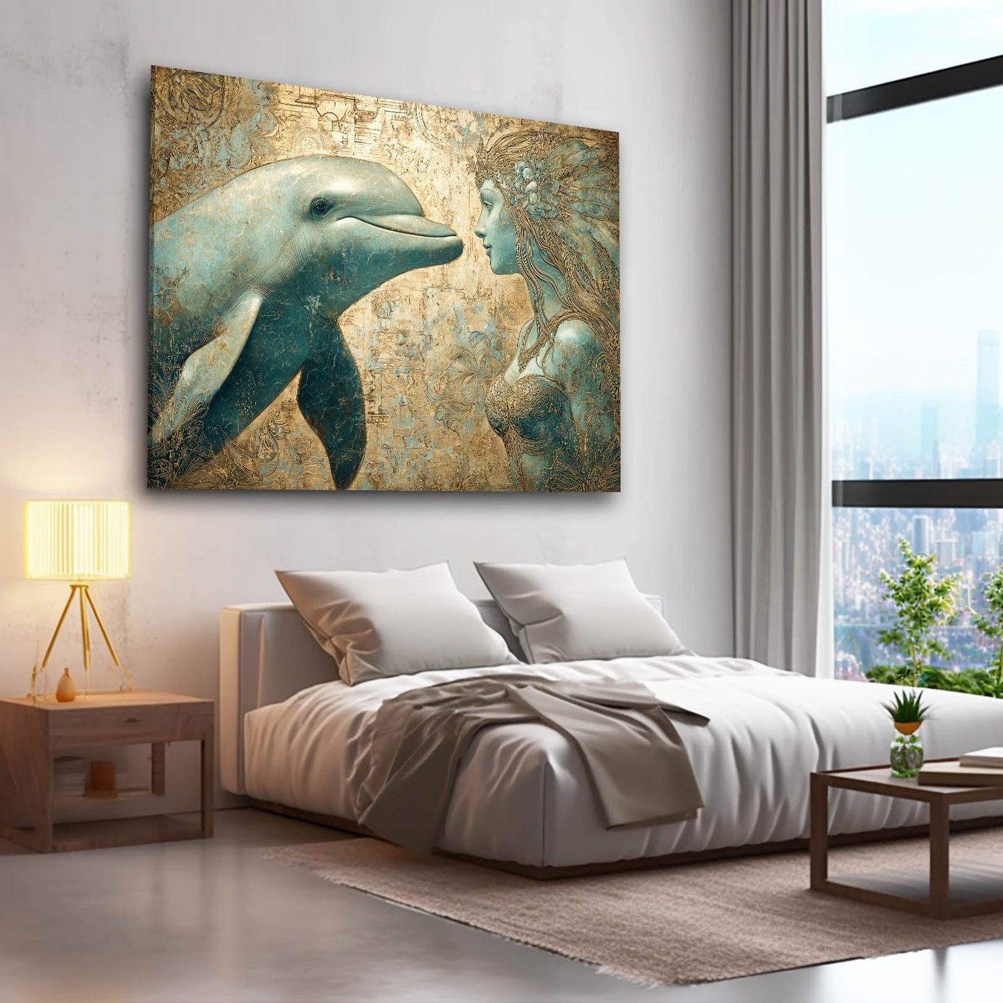 Golden Fairy Dolphin Art – styled in a furnished interior