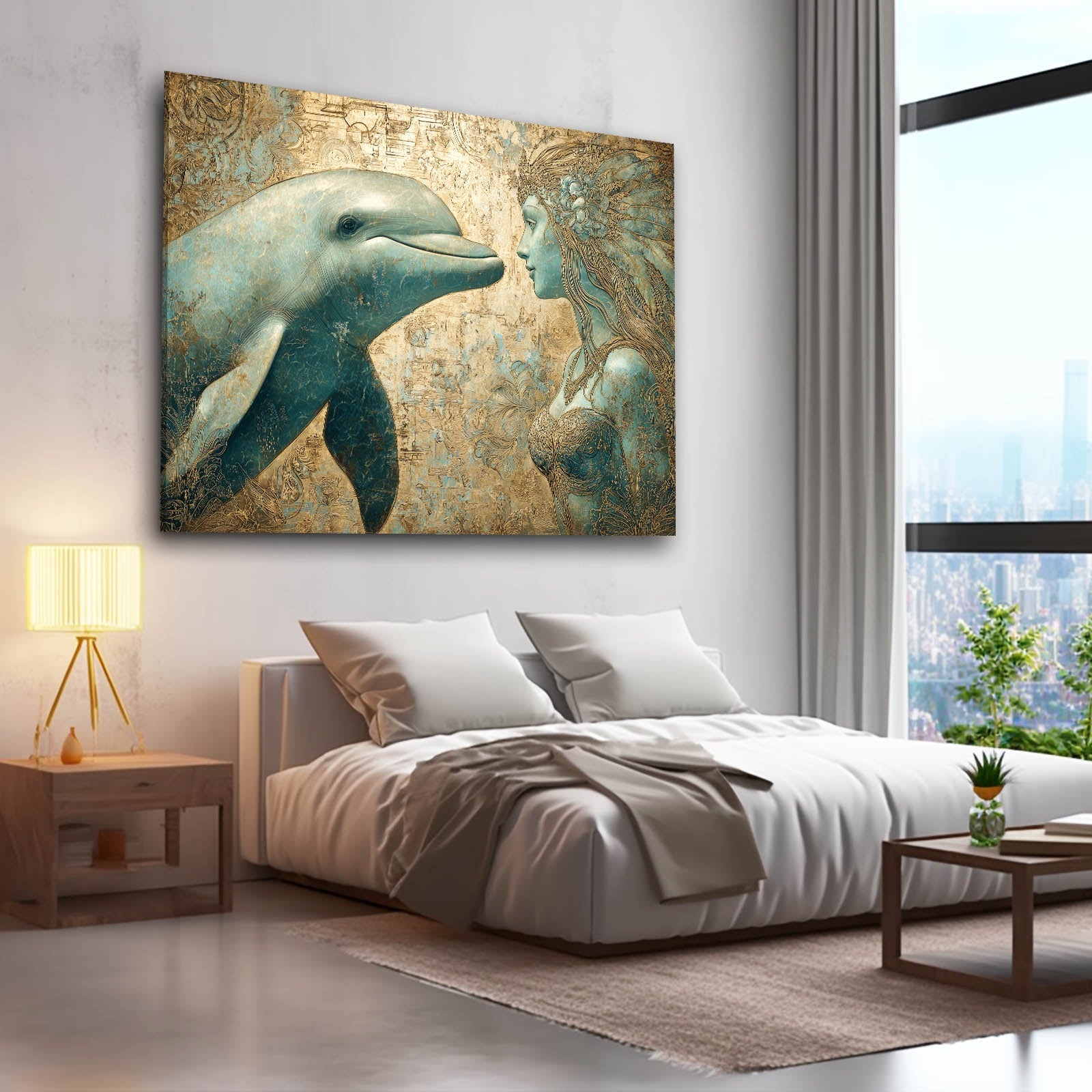 Golden Fairy Dolphin Art – styled in a furnished interior