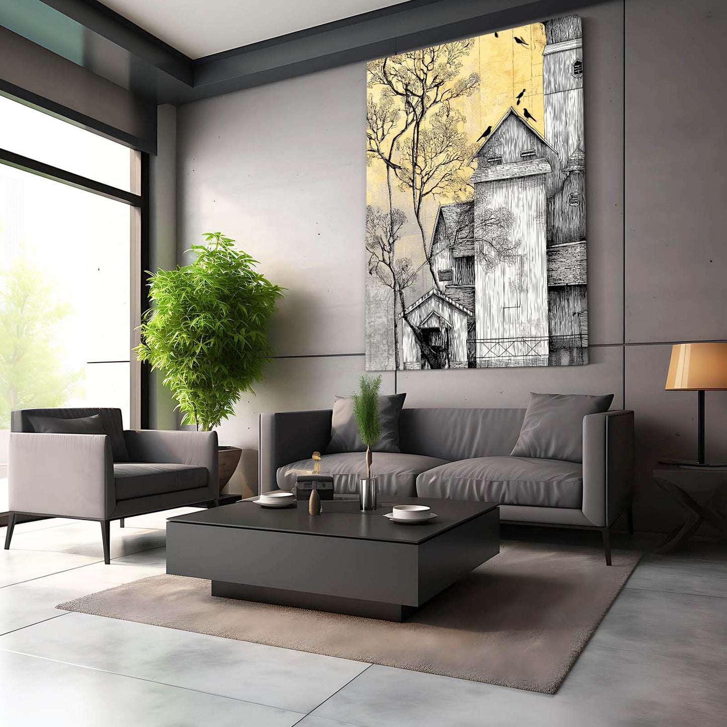 Golden Farmhouse Birds Farmhouse Prints – styled in a furnished interior