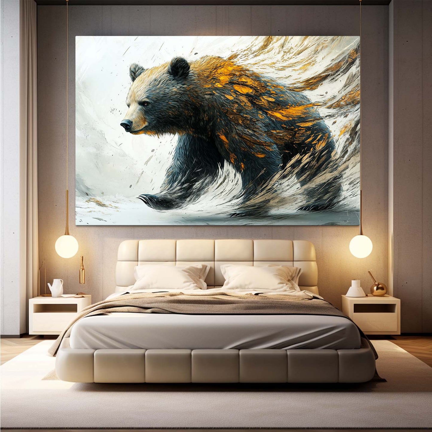 Golden Feather Stride Bear Canvas Art — abstract canvas print, styled in a furnished interior