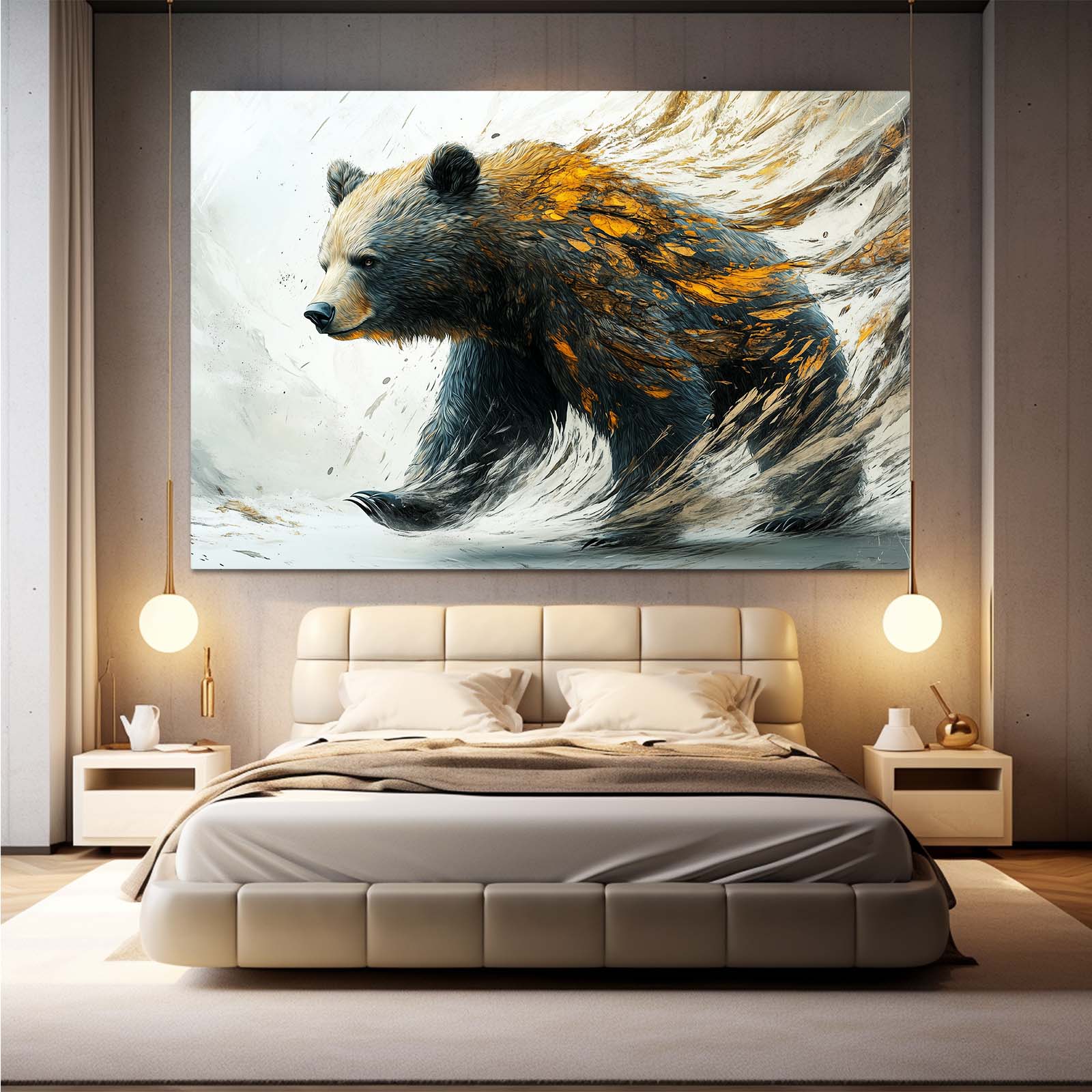 Golden Feather Stride Bear Canvas Art — abstract canvas print, styled in a furnished interior