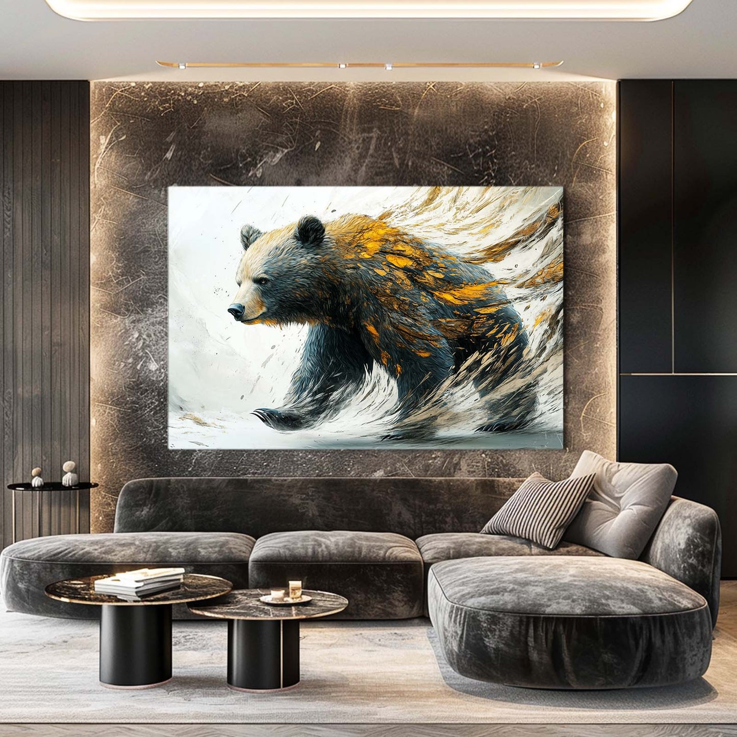 Golden Feather Stride Bear Canvas Art — abstract canvas print, styled in a furnished interior
