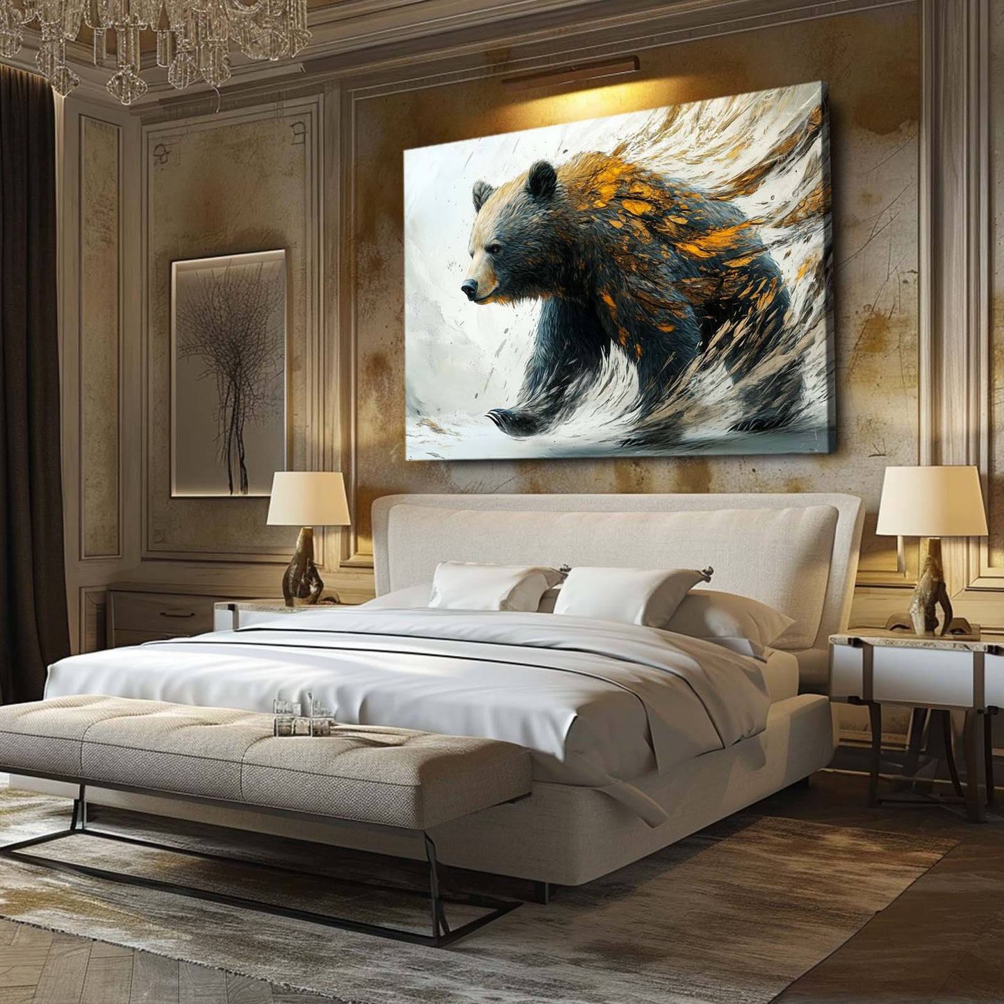 Golden Feather Stride Bear Canvas Art — abstract canvas print, styled in a furnished interior