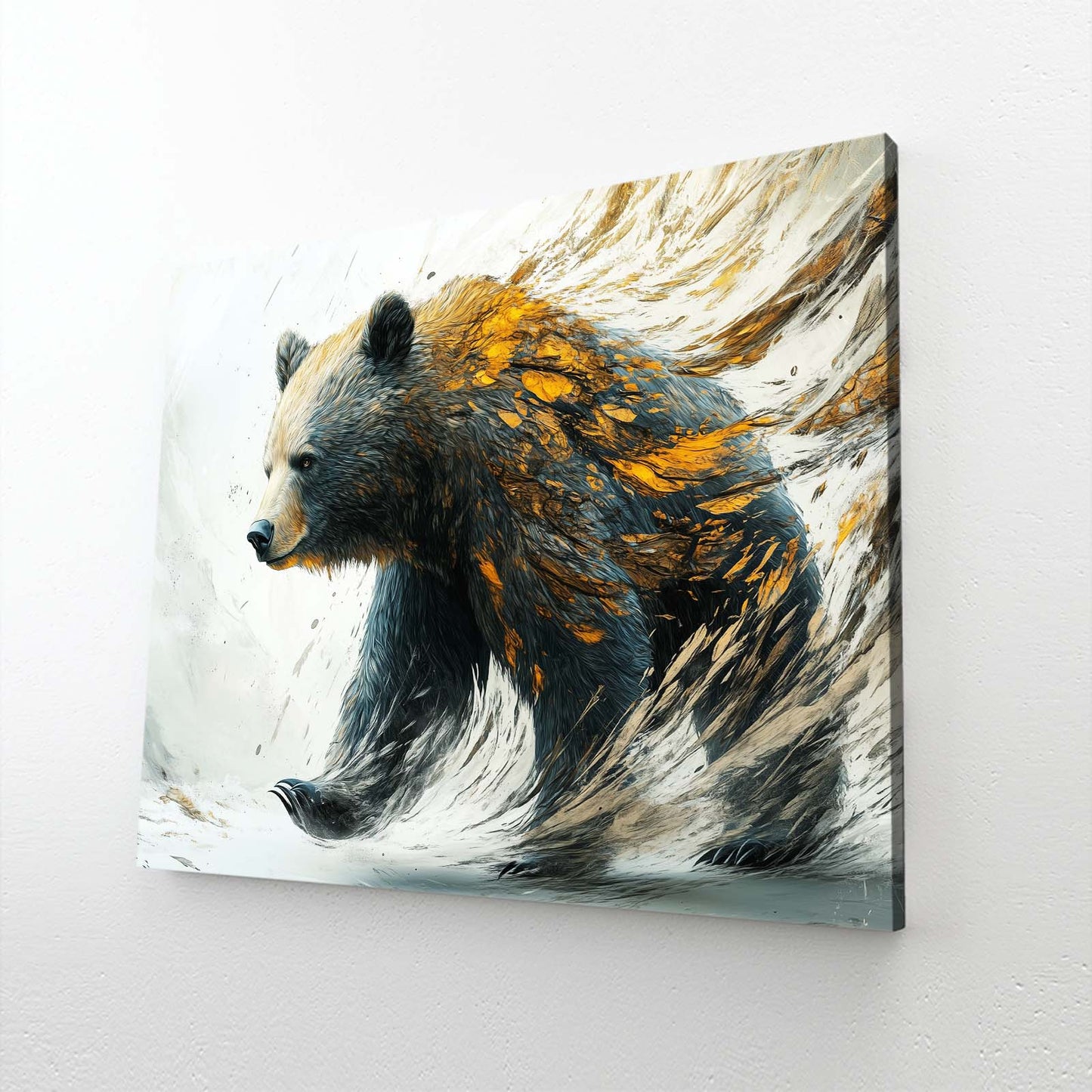 Golden Feather Stride Bear Canvas Art — abstract canvas print, angled canvas view on white background