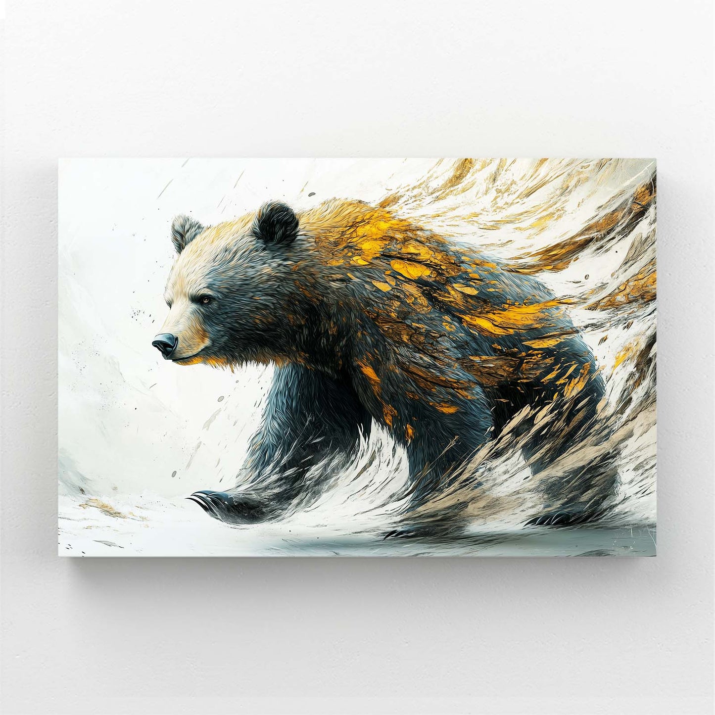 Golden Feather Stride Bear Canvas Art — abstract canvas print, angled canvas view on white background