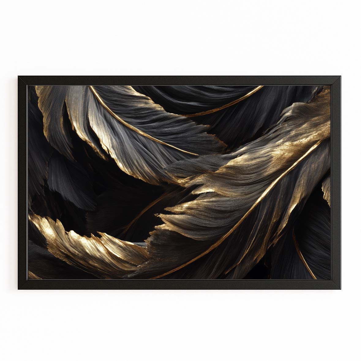 Golden Feathers Canvas Art – with Premium Black frame on white background