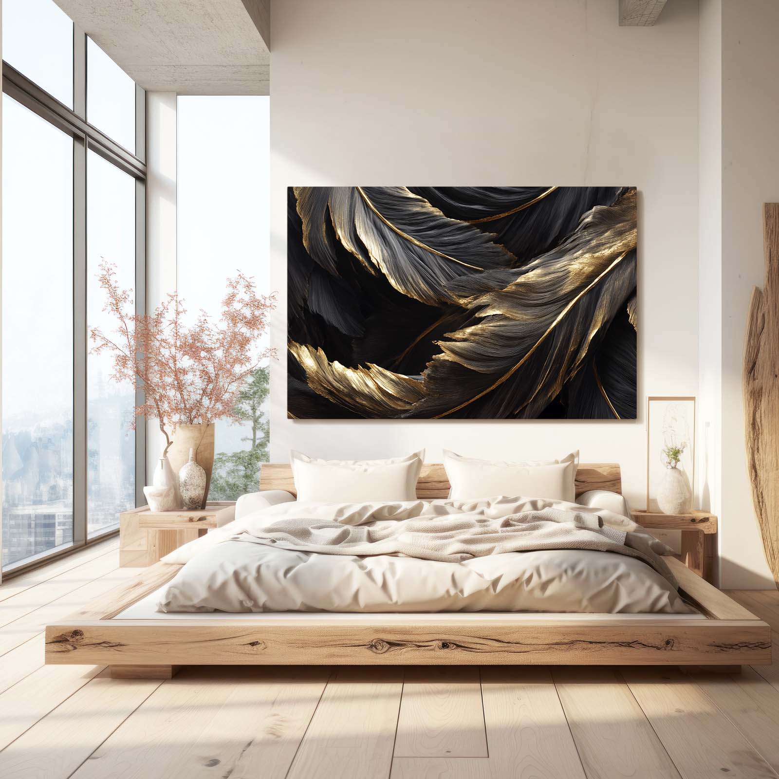 Golden Feathers Canvas Art – styled in a furnished interior