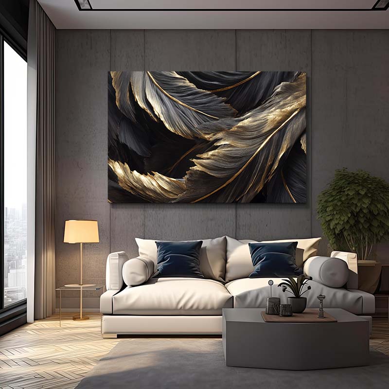 Golden Feathers Canvas Art – styled in a furnished interior