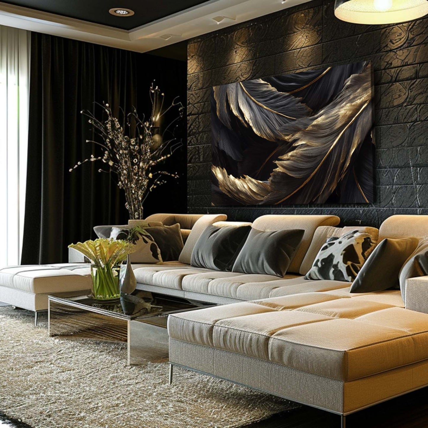 Golden Feathers Canvas Art – styled in a furnished interior