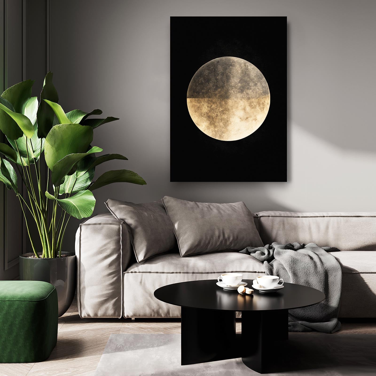 Golden Full Moon Wall Art – styled in a furnished interior