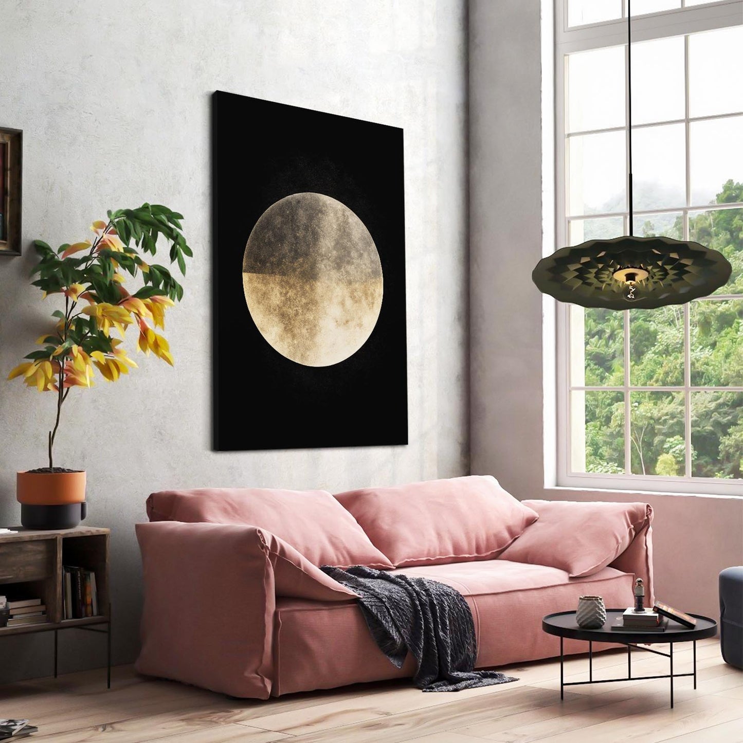 Golden Full Moon Wall Art – styled in a furnished interior