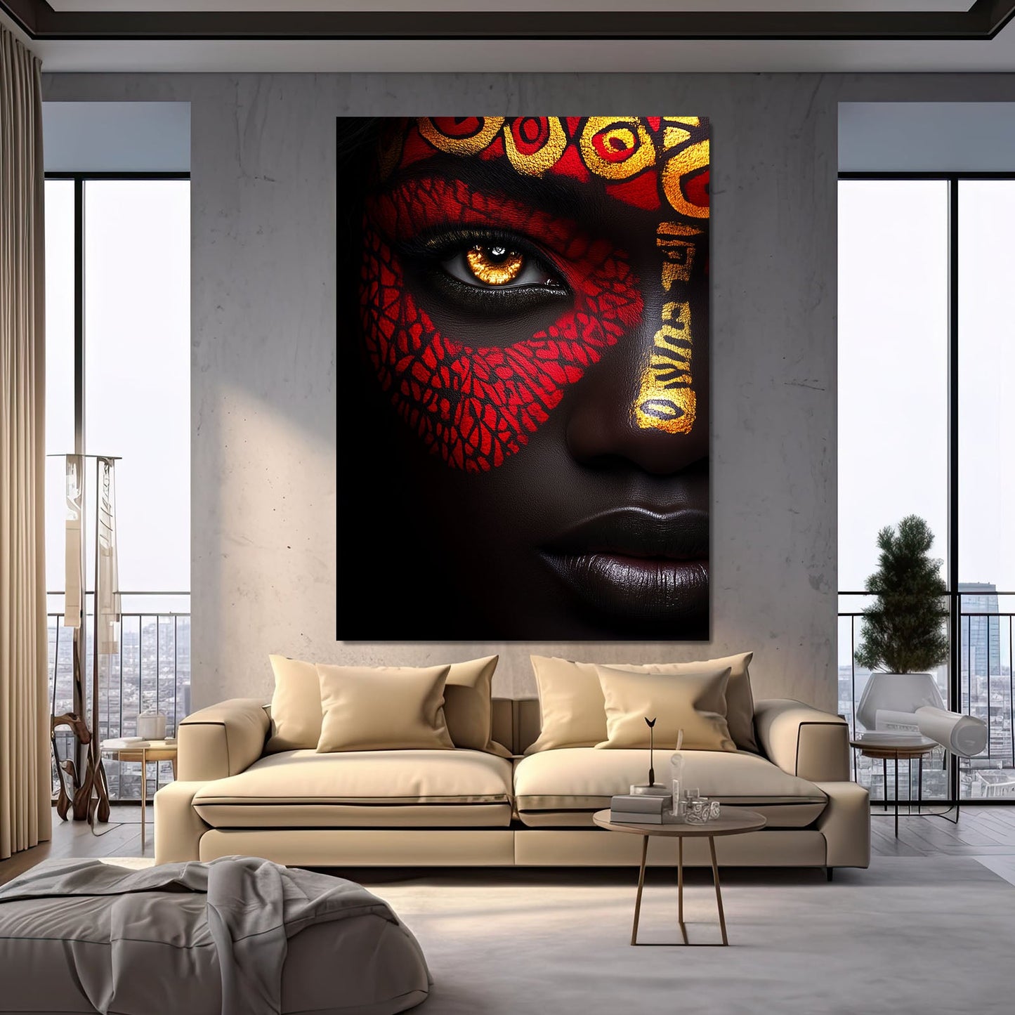 Golden Gaze African Wall Art — african art canvas print in red tones, view 3