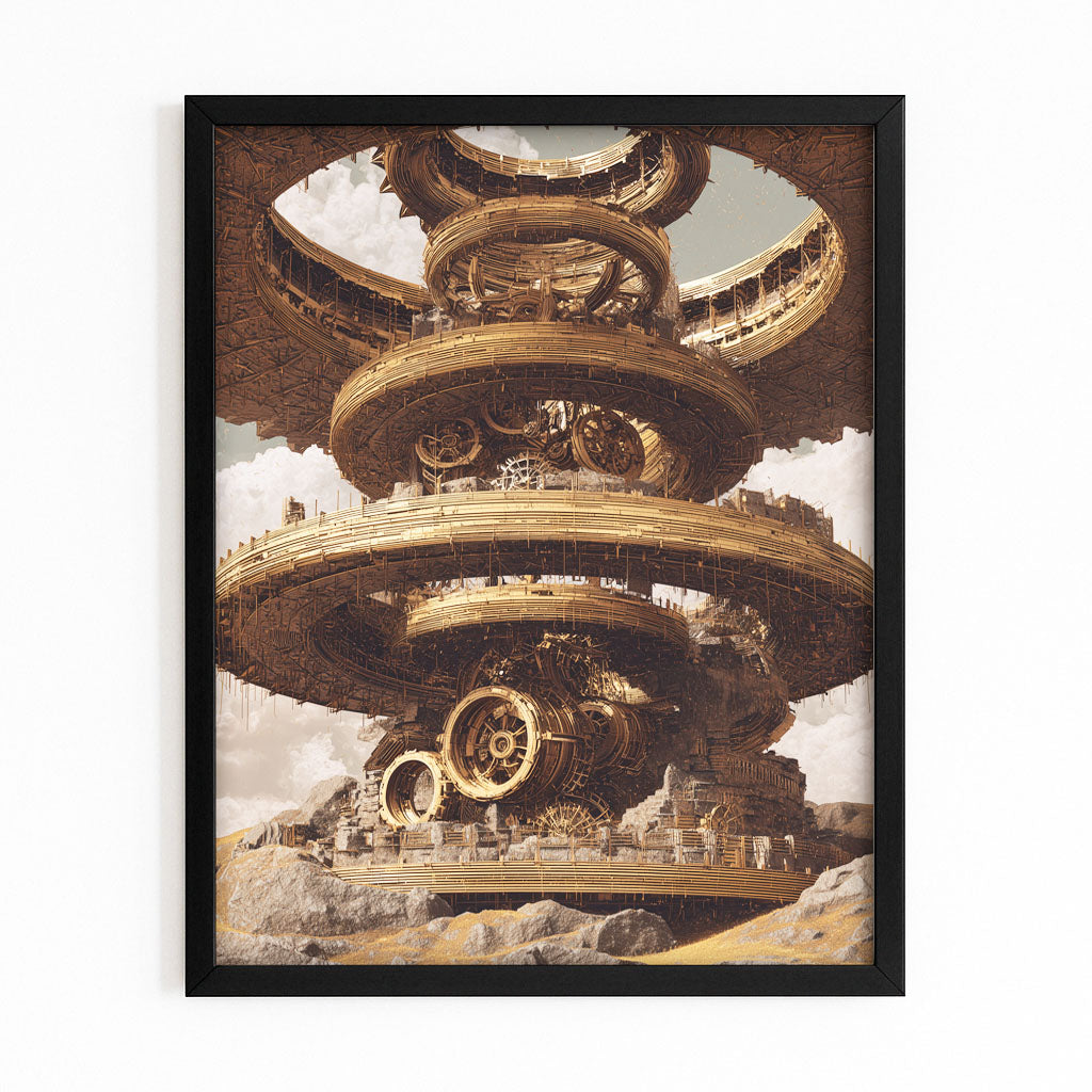 Golden Gear Rings Steampunk Wall Decor – with Premium Black frame on white background