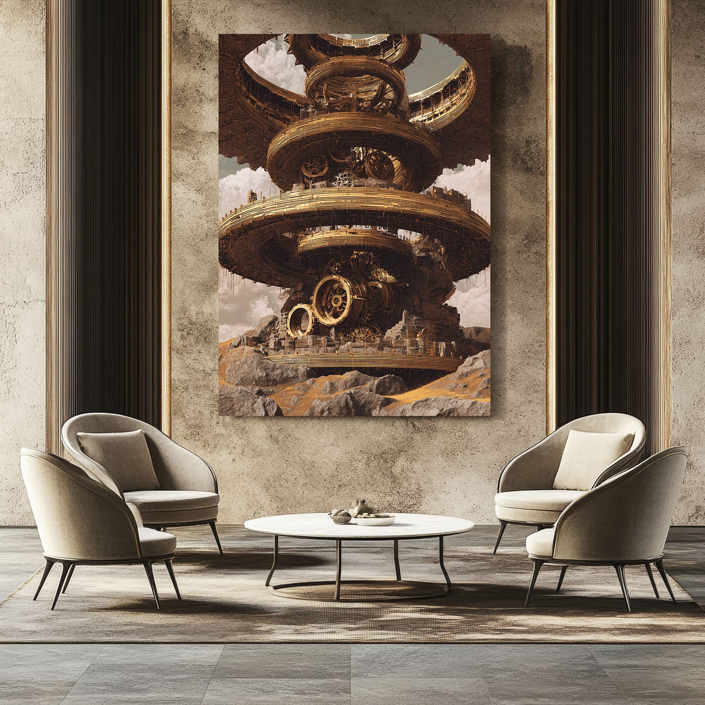 Golden Gear Rings Steampunk Wall Decor – styled in a furnished interior