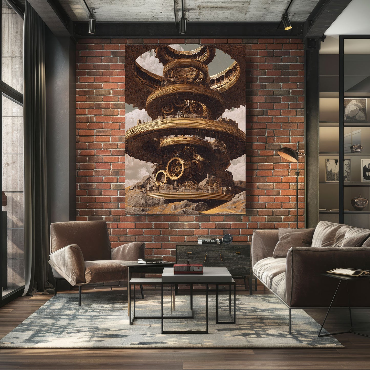 Golden Gear Rings Steampunk Wall Decor – styled in a furnished interior