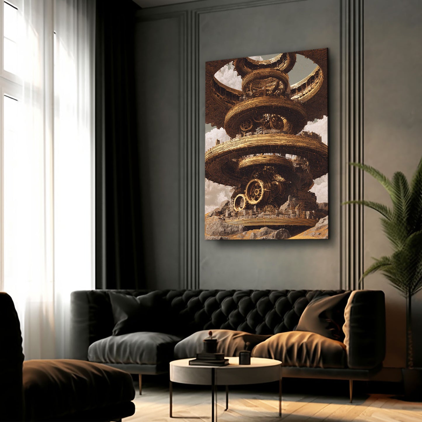 Golden Gear Rings Steampunk Wall Decor – styled in a furnished interior