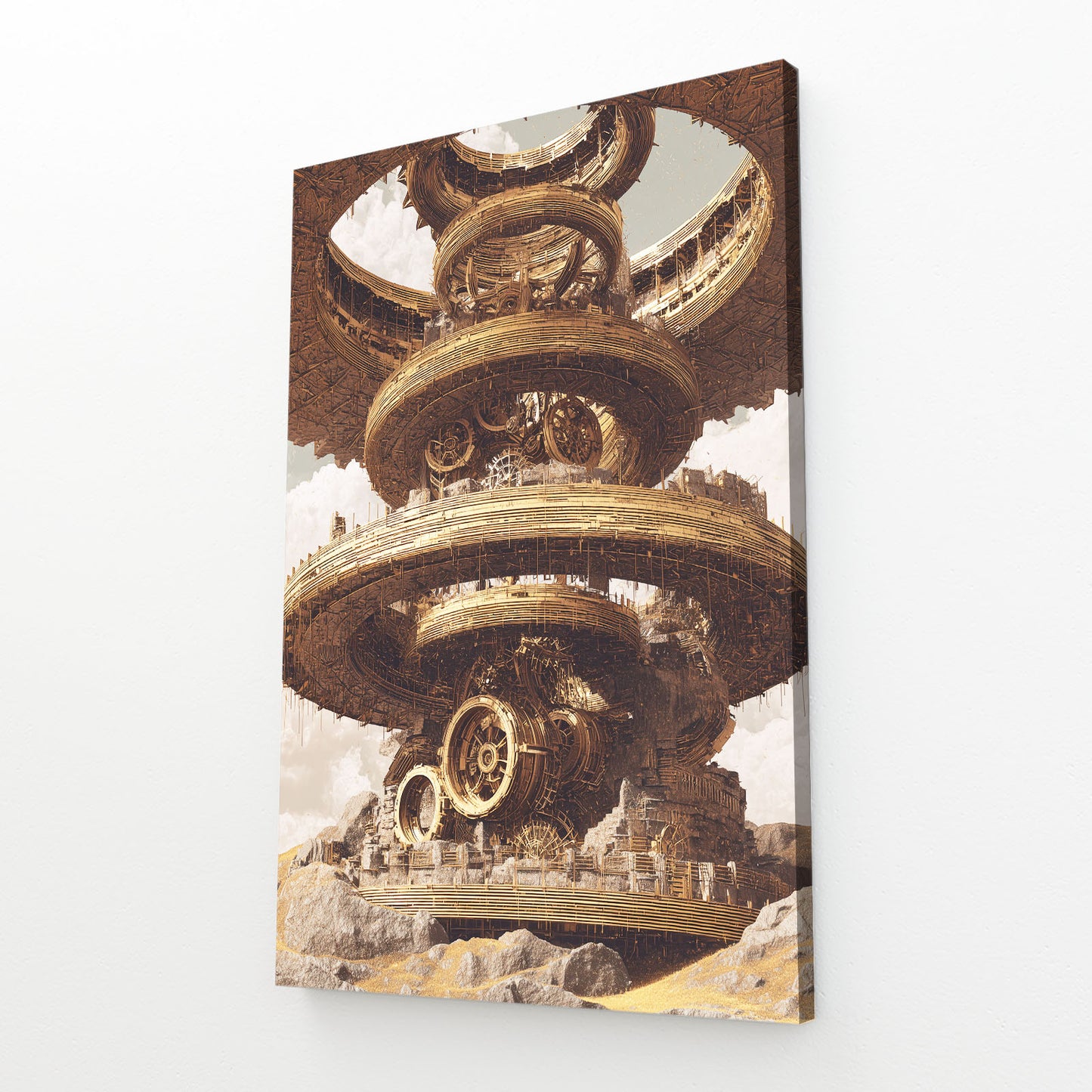 Golden Gear Rings Steampunk Wall Decor – angled canvas view on white background
