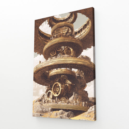 Golden Gear Rings Steampunk Wall Decor – angled canvas view on white background