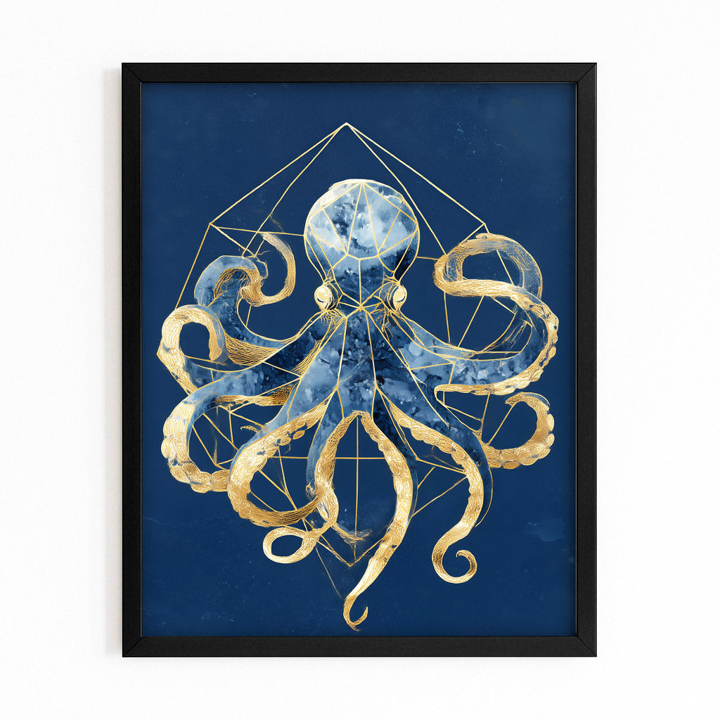 Golden Geometry Octopus Wall Art – with Premium Black frame on white background