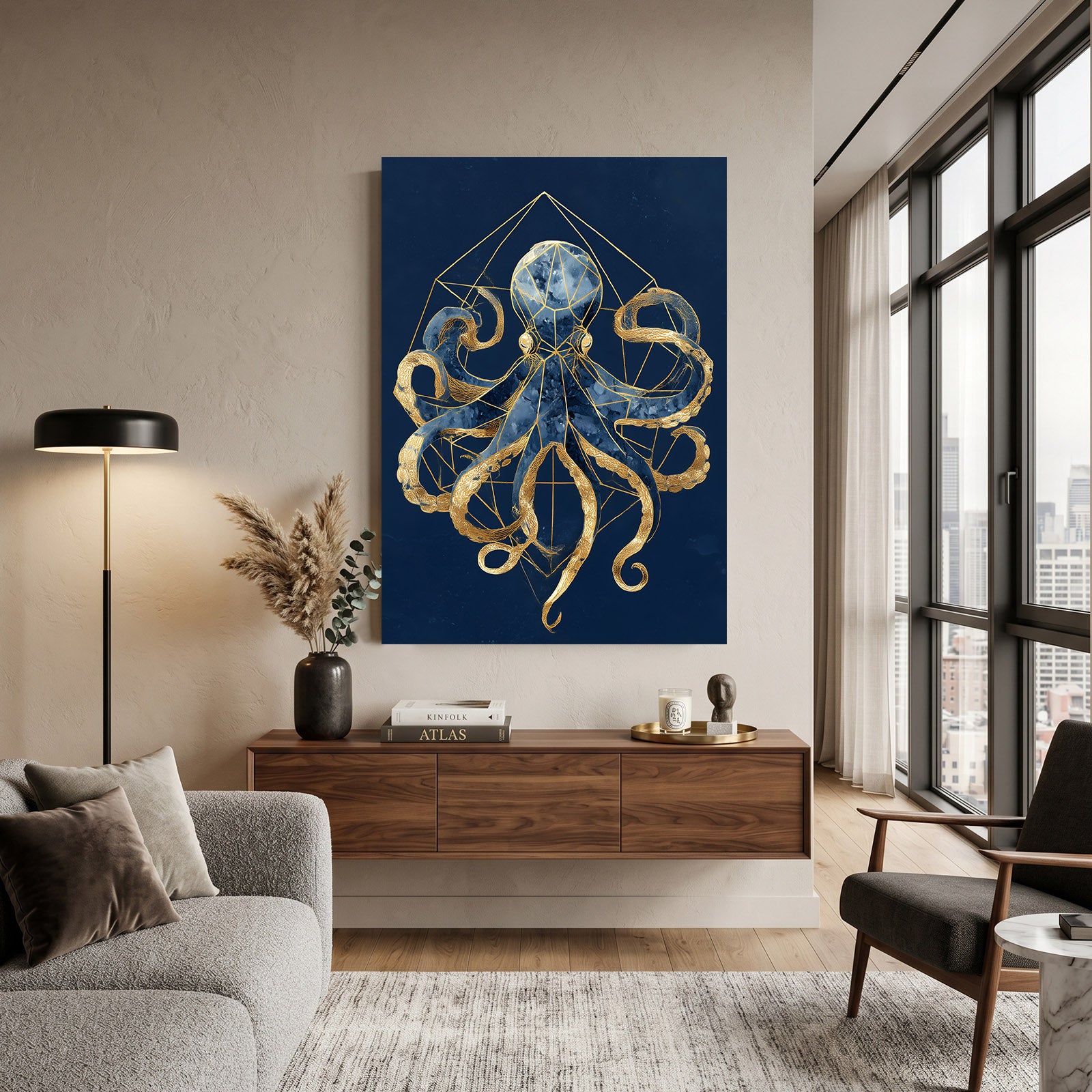 Golden Geometry Octopus Wall Art – styled in a furnished interior