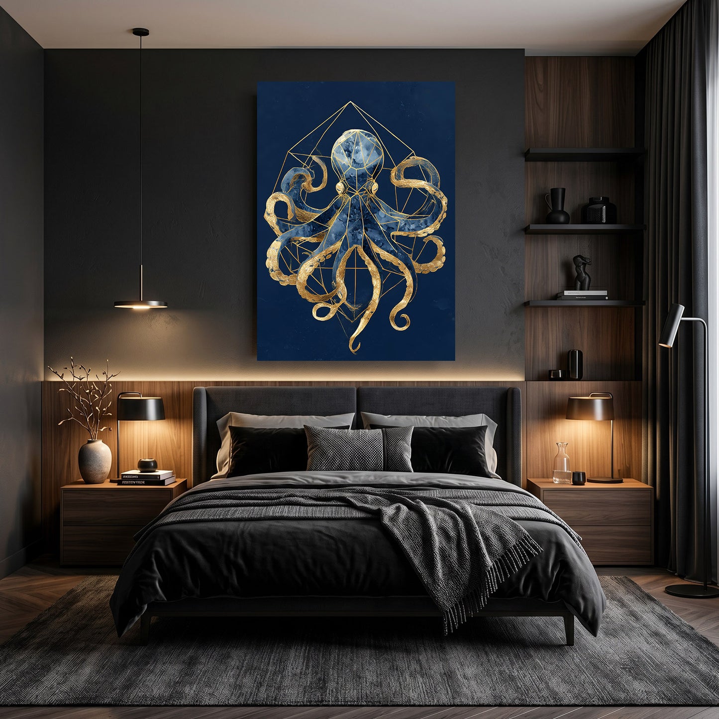 Golden Geometry Octopus Wall Art – styled in a furnished interior