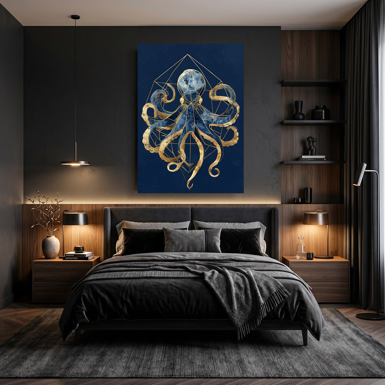 Golden Geometry Octopus Wall Art – styled in a furnished interior