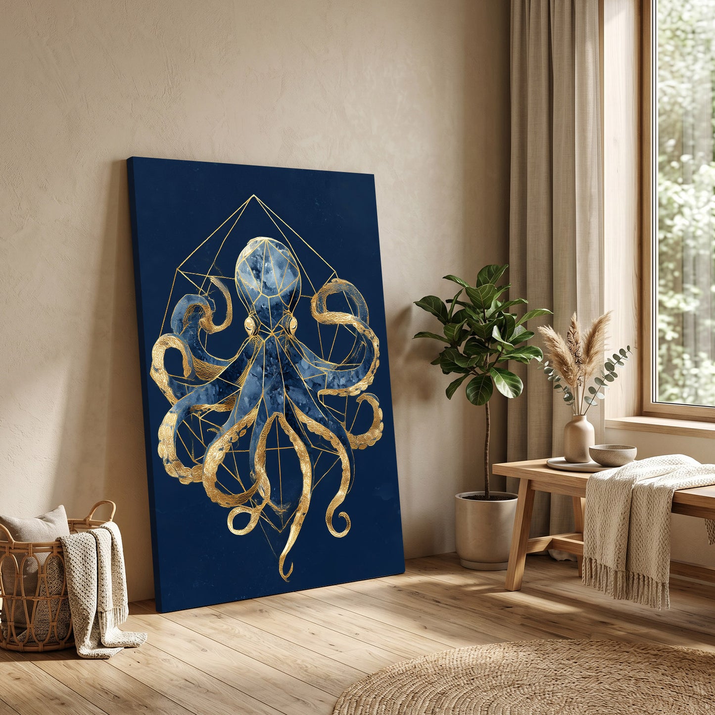 Golden Geometry Octopus Wall Art – styled in a furnished interior