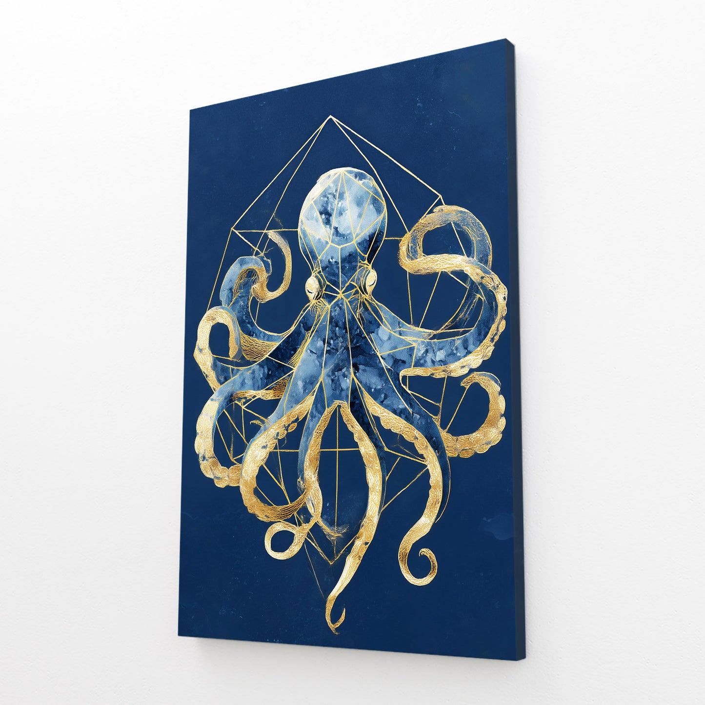 Golden Geometry Octopus Wall Art – angled canvas view on white background