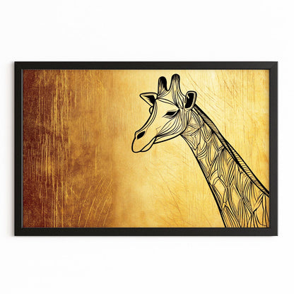 Framed artwork of a giraffe on a wooden-textured background