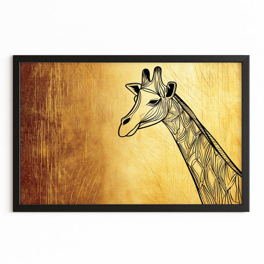 Framed artwork of a giraffe on a wooden-textured background