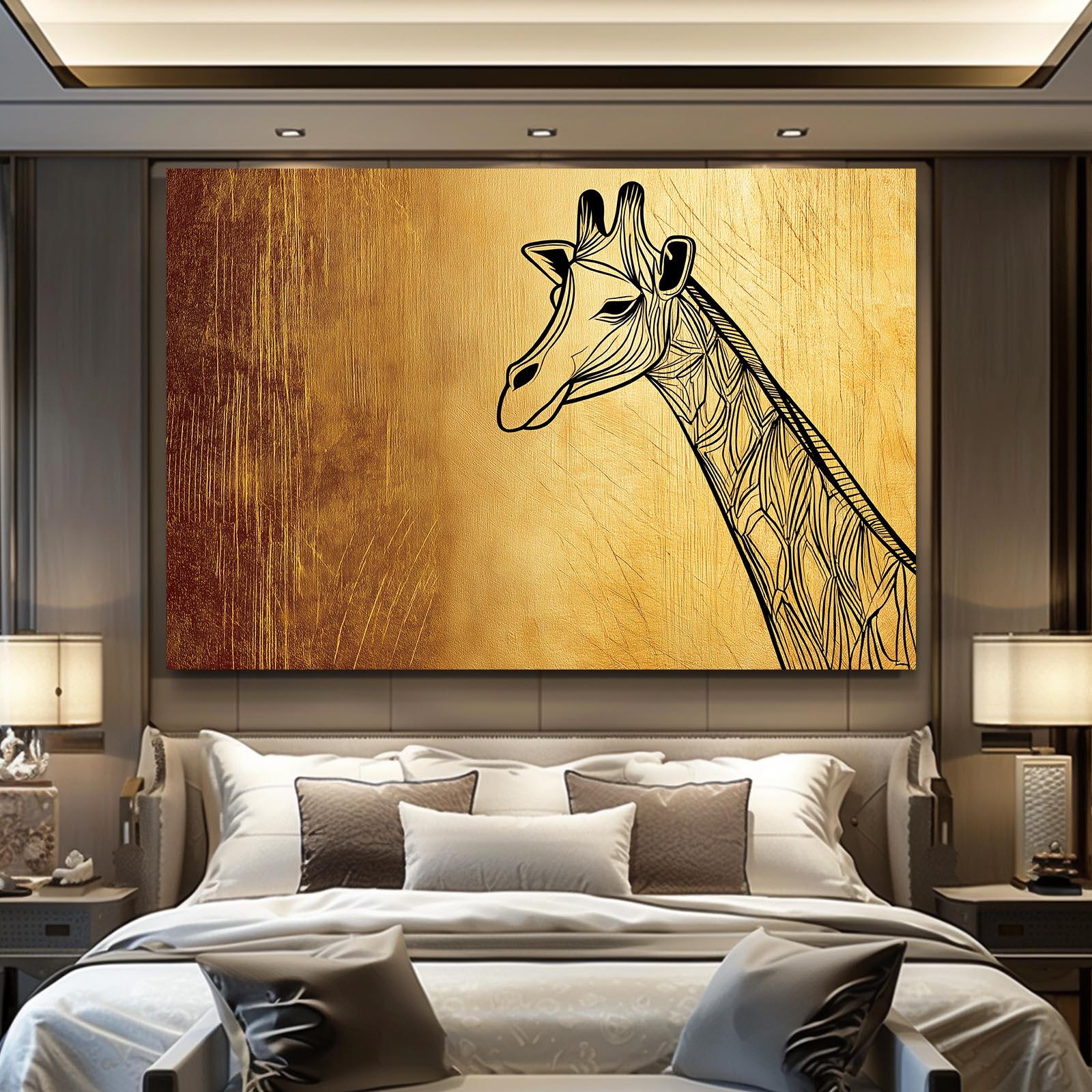Modern bedroom with a large abstract giraffe painting on the wall.