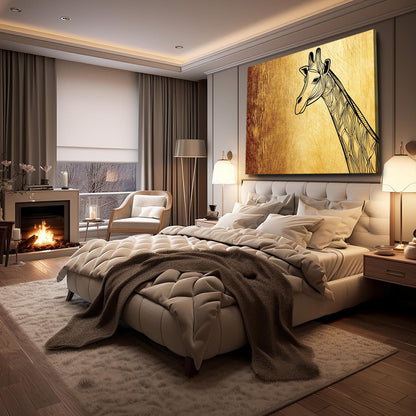 Modern bedroom with a fireplace, bed, and giraffe artwork on the wall.