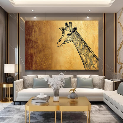 Modern living room with a large giraffe painting on the wall.