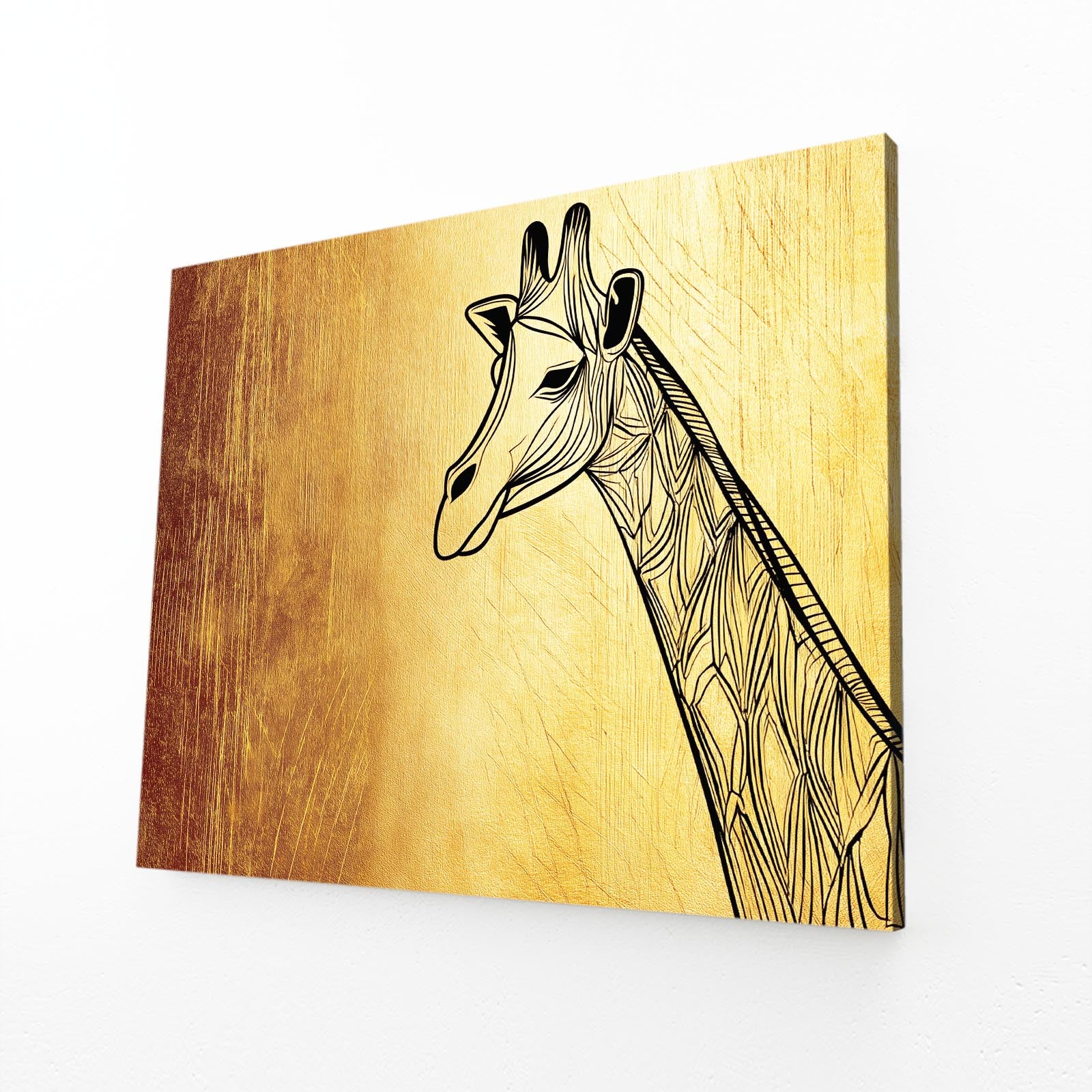 Wooden panel with a black line drawing of a giraffe on a white background