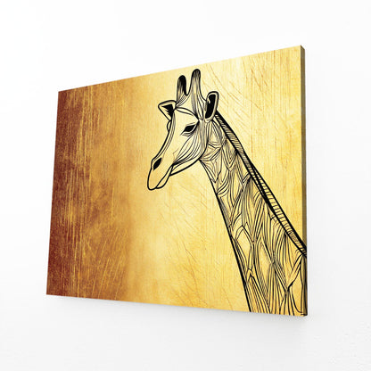 Wooden panel with a black line drawing of a giraffe on a white background