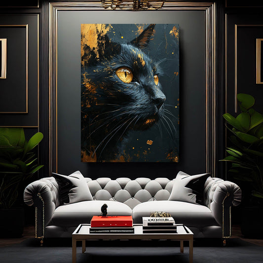 Golden Glare Cat Wall Art — digital canvas print in blue tones, view 3