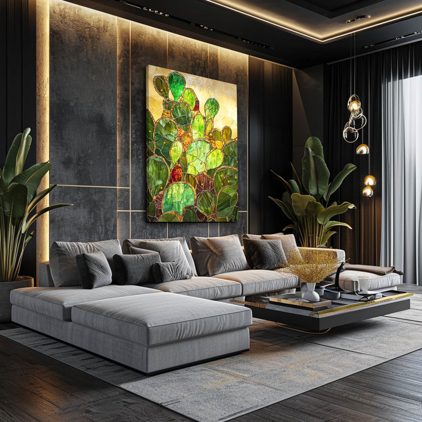 Golden Glass Paddles Cactus Art – styled in a furnished interior