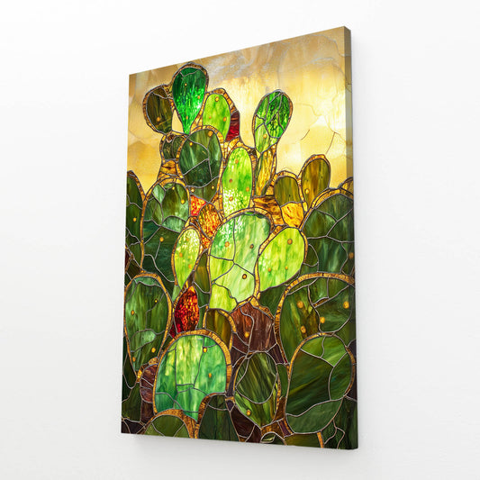 Golden Glass Paddles Cactus Art – angled canvas view on white background
