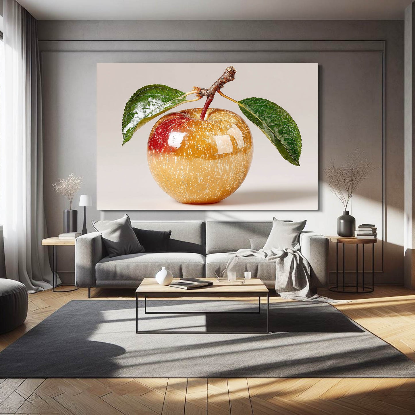 Golden Glazed Apple Fruit Canvas Art – styled in a furnished interior