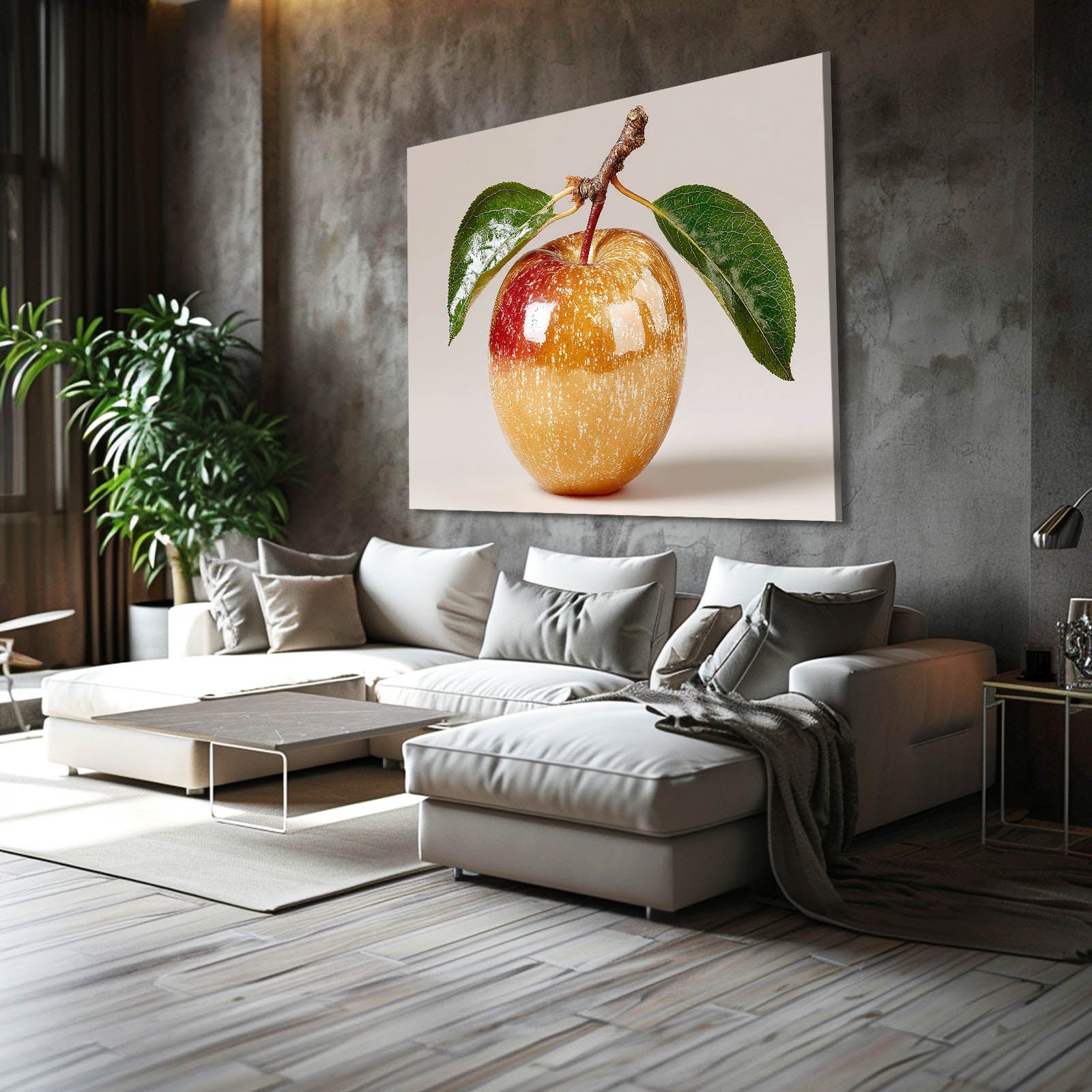 Golden Glazed Apple Fruit Canvas Art – styled in a furnished interior