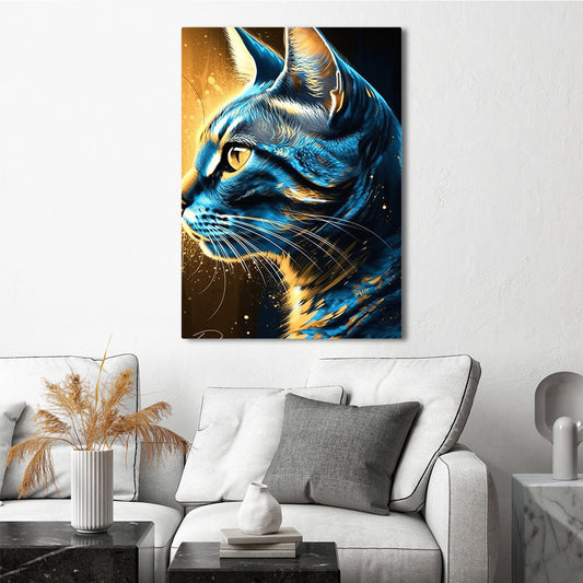 Golden Glow Cat Art — digital canvas print in blue tones, view 3