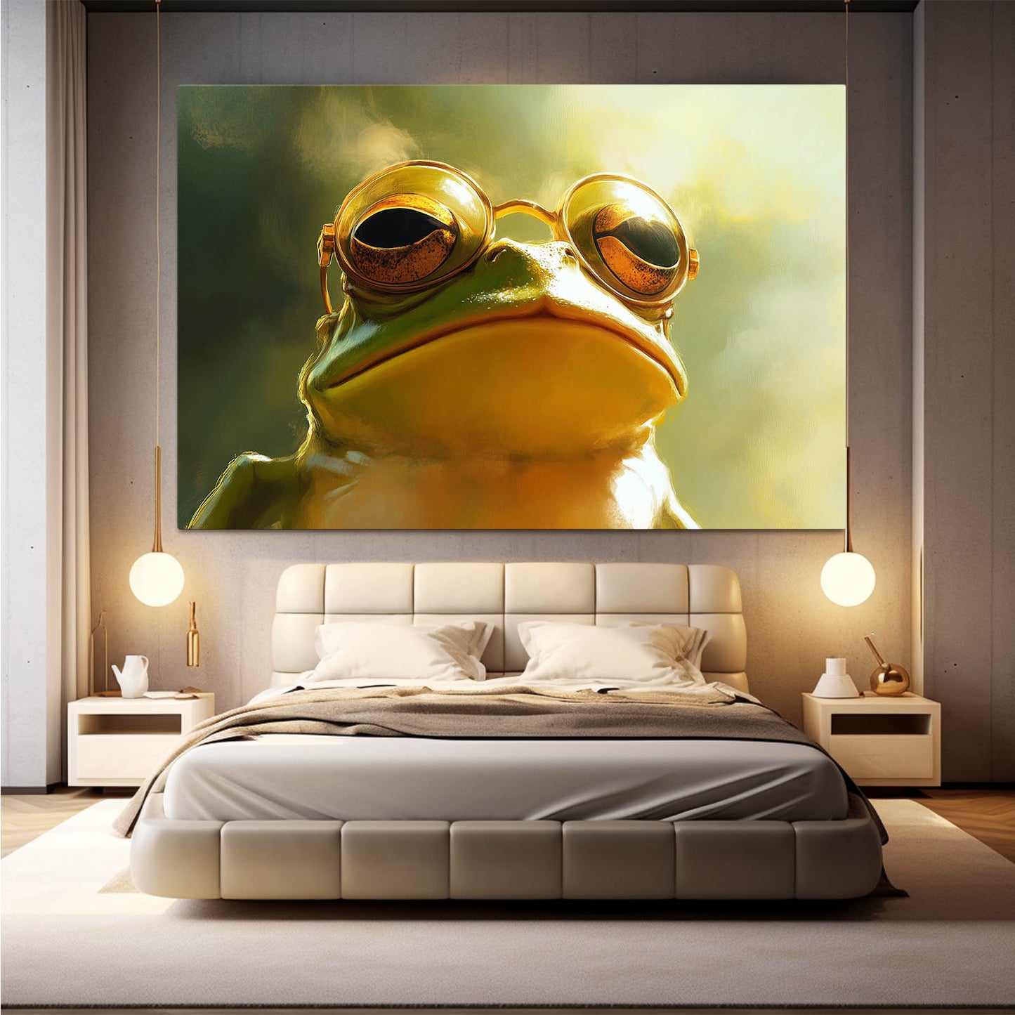Golden Goggle Frog Art – styled in a furnished interior