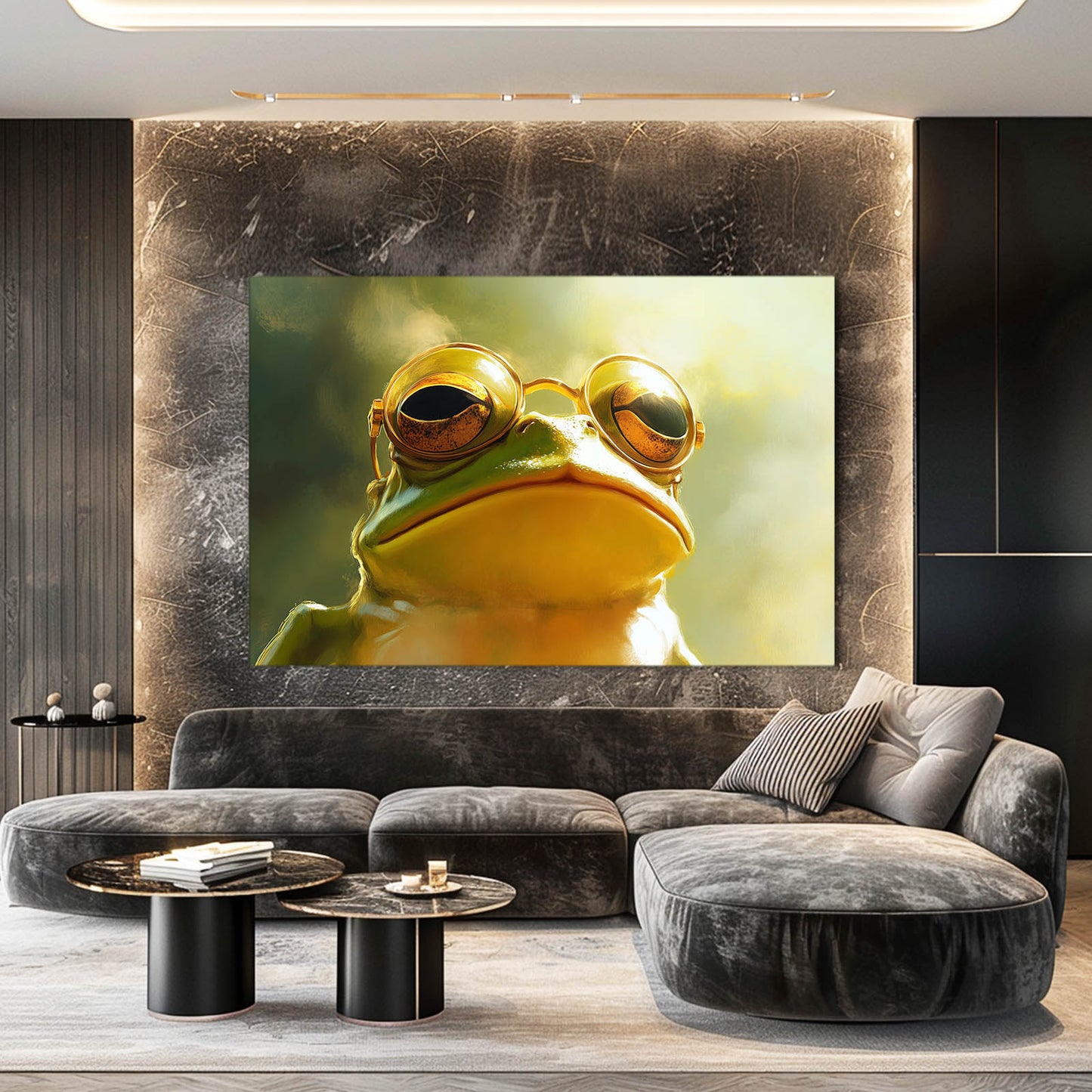 Golden Goggle Frog Art – styled in a furnished interior
