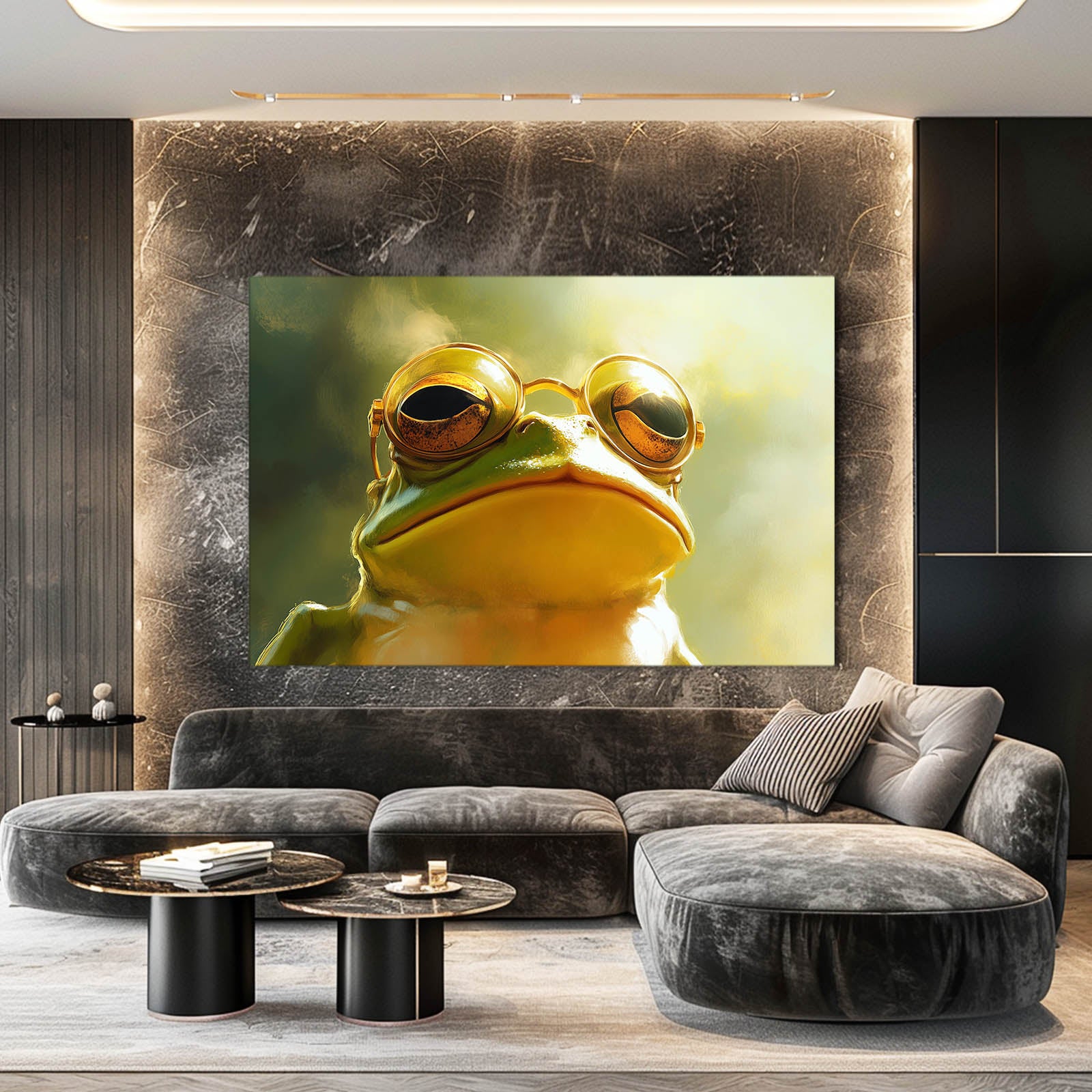 Golden Goggle Frog Art – styled in a furnished interior