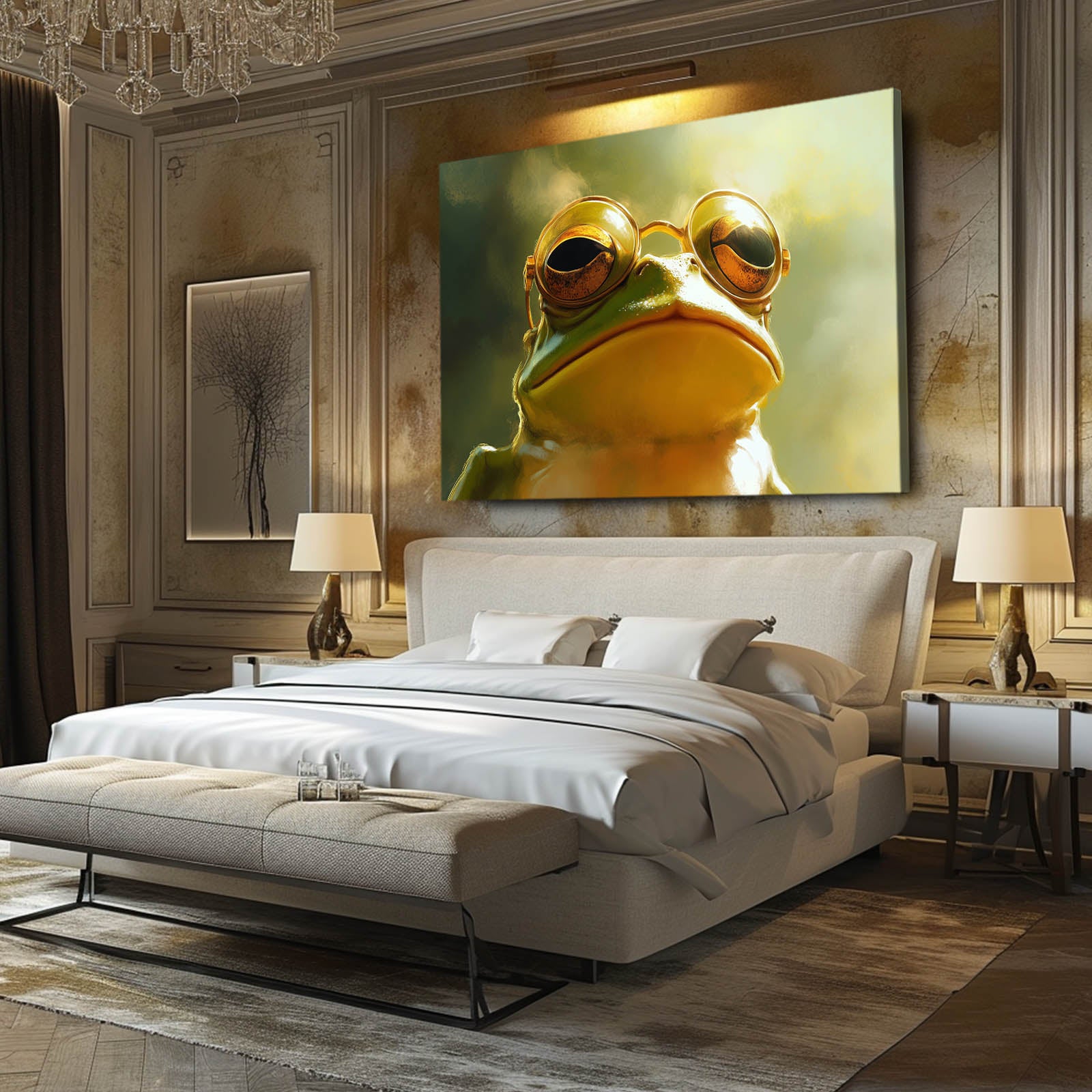 Golden Goggle Frog Art – styled in a furnished interior