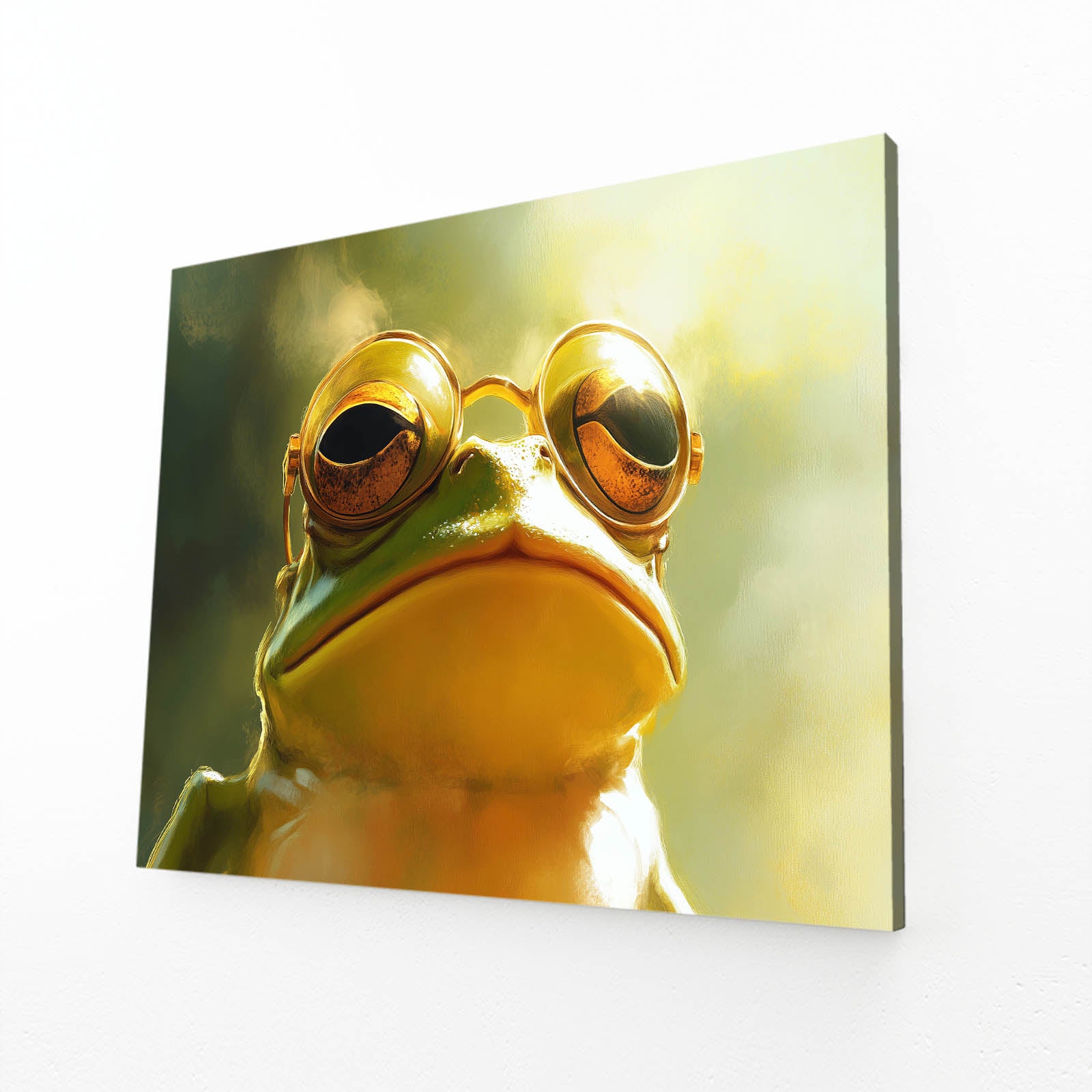 Golden Goggle Frog Art – angled canvas view on white background